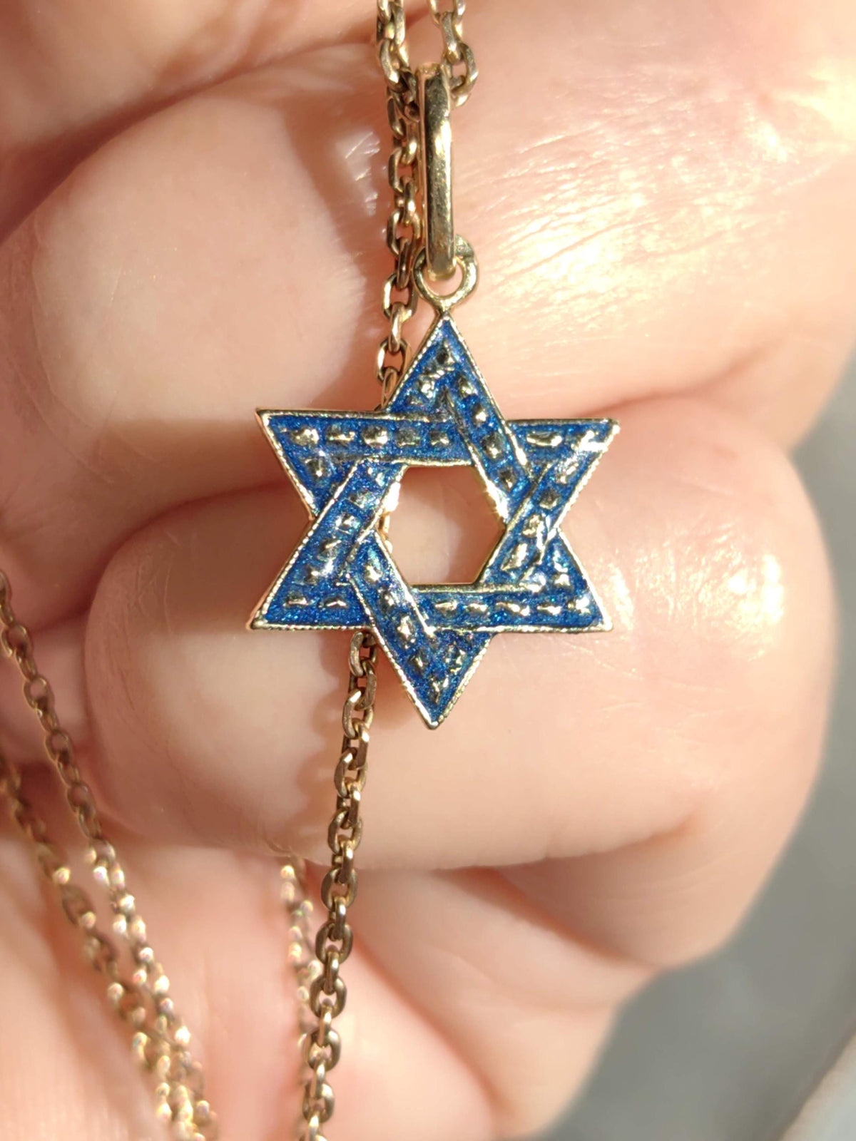 Vintage 14k Gold Star of David Pendant: Blue Enamel Judaica Charm