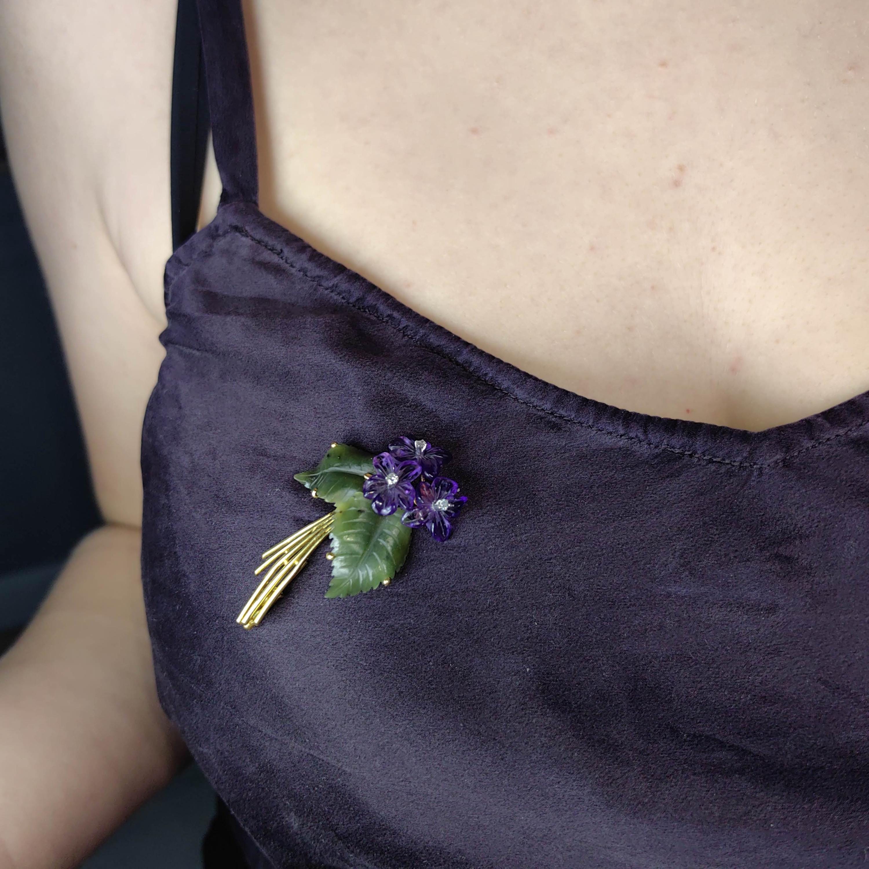 Antique 18k Gold Floral Brooch: Carved Amethyst, Jade & Diamond Violet Pin