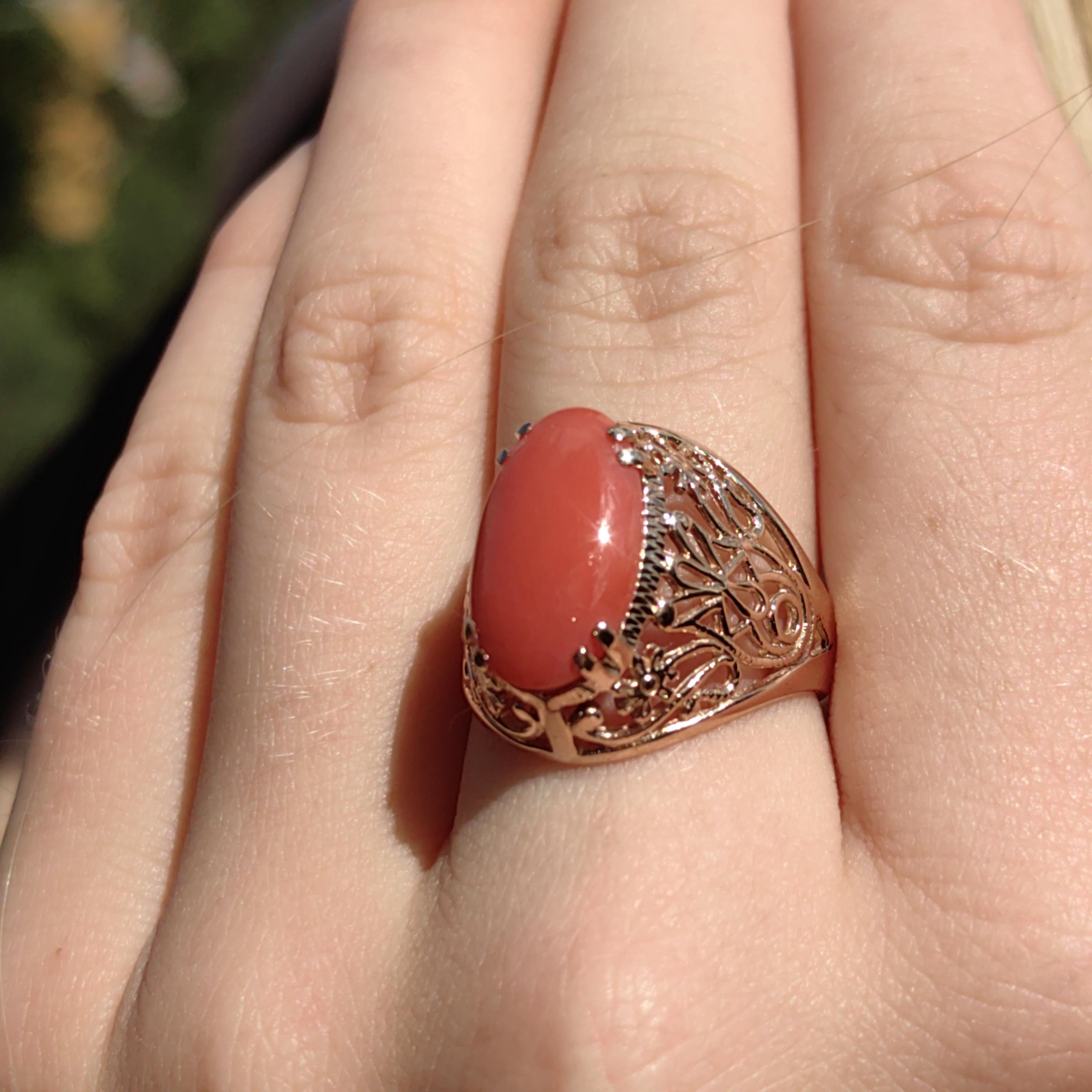 Mediterranean Red Coral Ring: 14k Champagne Gold, Mid-Century Cabochon
