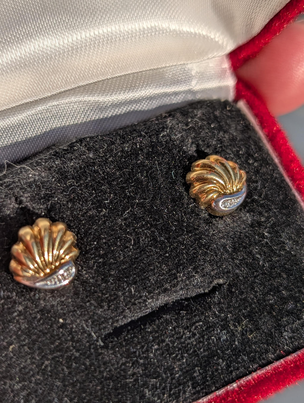14k Two Tone Gold Diamond Shell Stud Earrings, Vintage Dainty Sea Ocean Earrings, 10mm Fine Jewelry Gift for Her Nautical Push Back