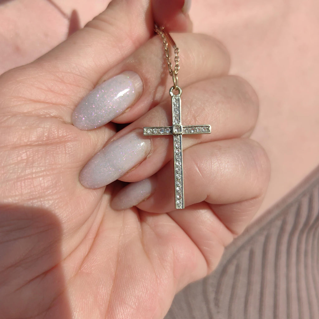 1920s Art Deco Diamond Solid Hallmarked 18k white Gold Catholic Cross Crucifix Pendant Antique Vintage Elegant Christian Statement Gift