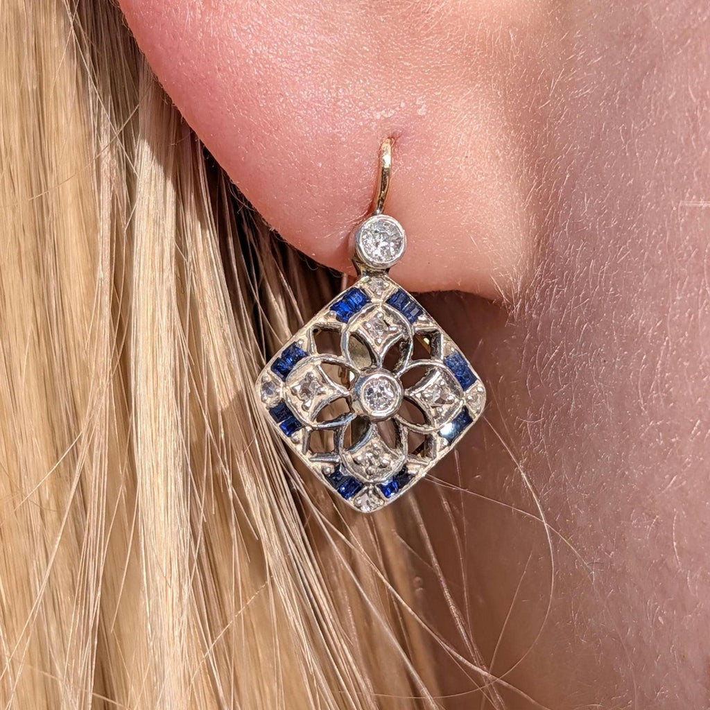 Art Deco Sapphire Diamond Earrings 1920s Antique Gold Leverback Earrings Old Cut Diamond Statement Earrings Gift for Her