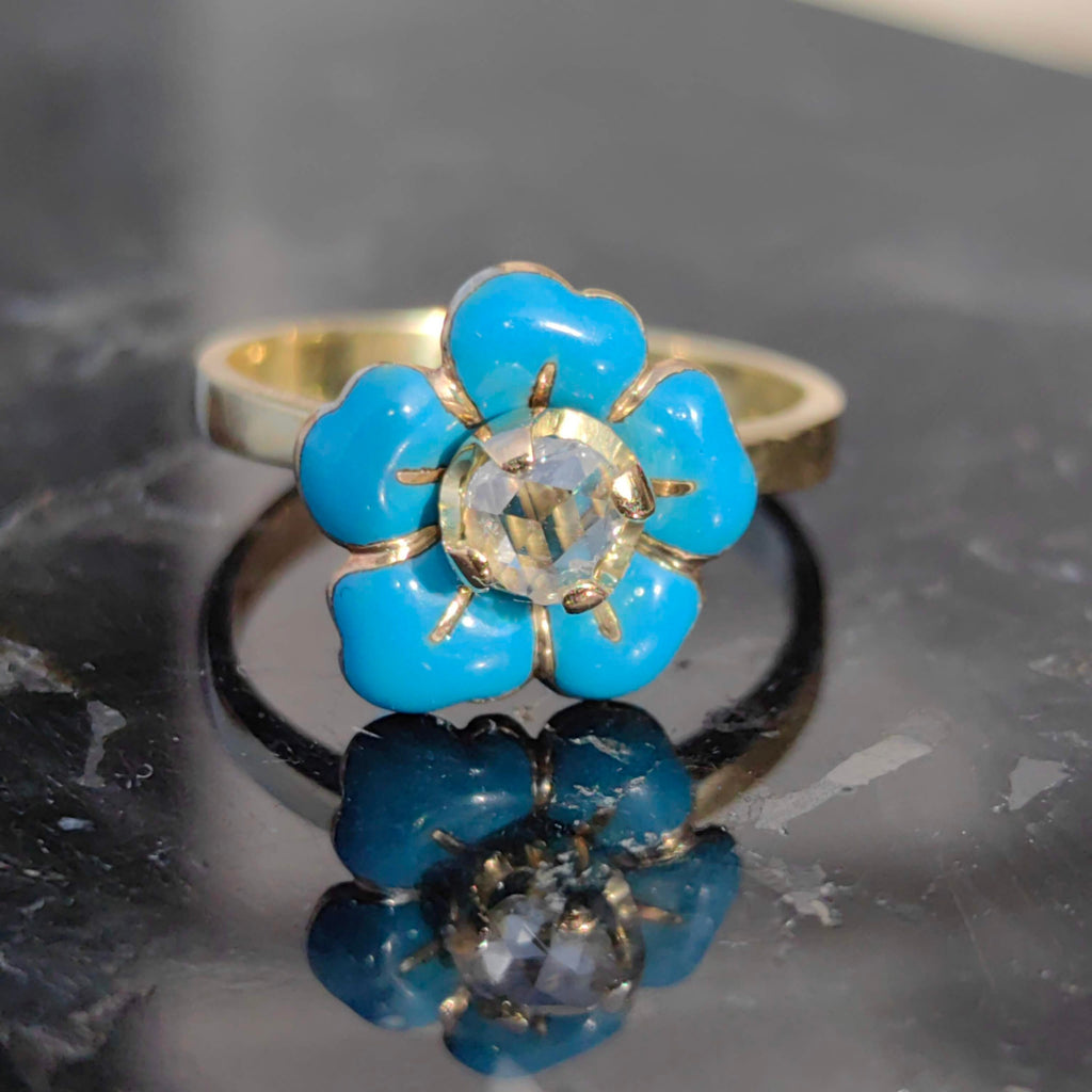 Victorian 14k Gold Diamond Ring: Turquoise Enamel Floral Design
