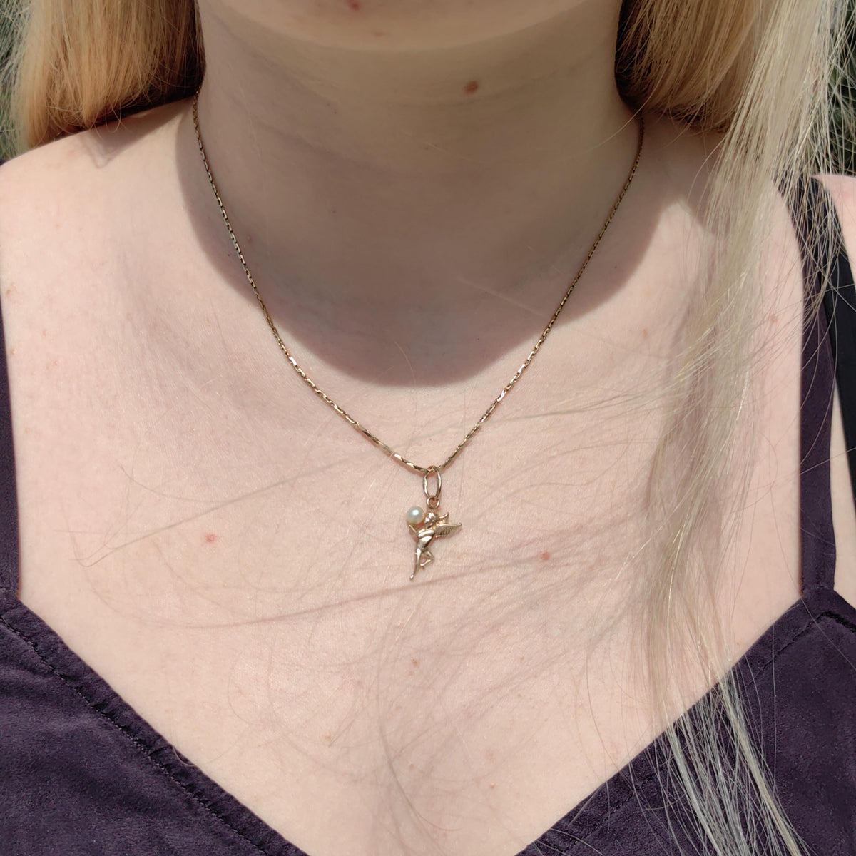 14k Hallmarked  Solid yellow Gold Cherub Cupid Pearl Pendant Valentines Day Vintage Love Charm Necklace Pendant Gift for Her Present