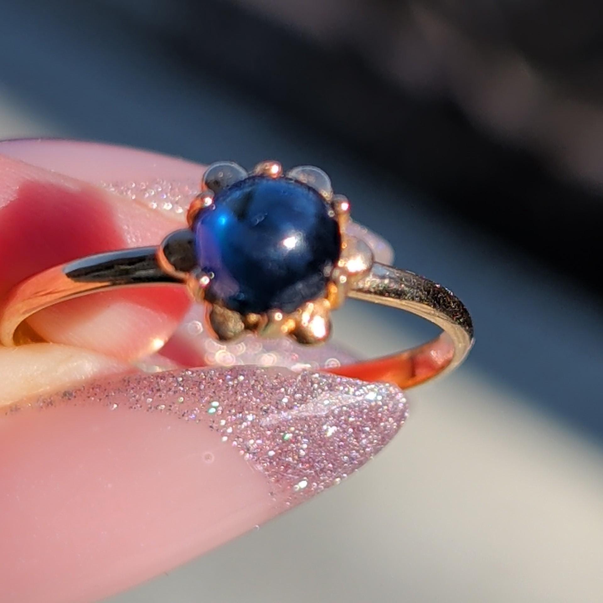 Vintage Blue Natural Cabochon Sapphire Solid Yellow Gold Dainty Ring Sapphire Engagement Ring Gift for Her Present