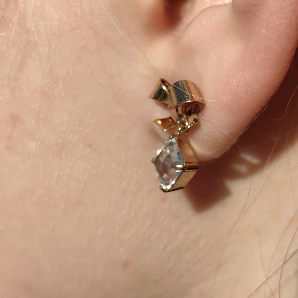 18k Solid Gold Cubic Zirconia Bow Dangle Stud Push Back Closure Elegant Vintage Antique Princess Cut Classic Solitaire Earrings Gift for Her