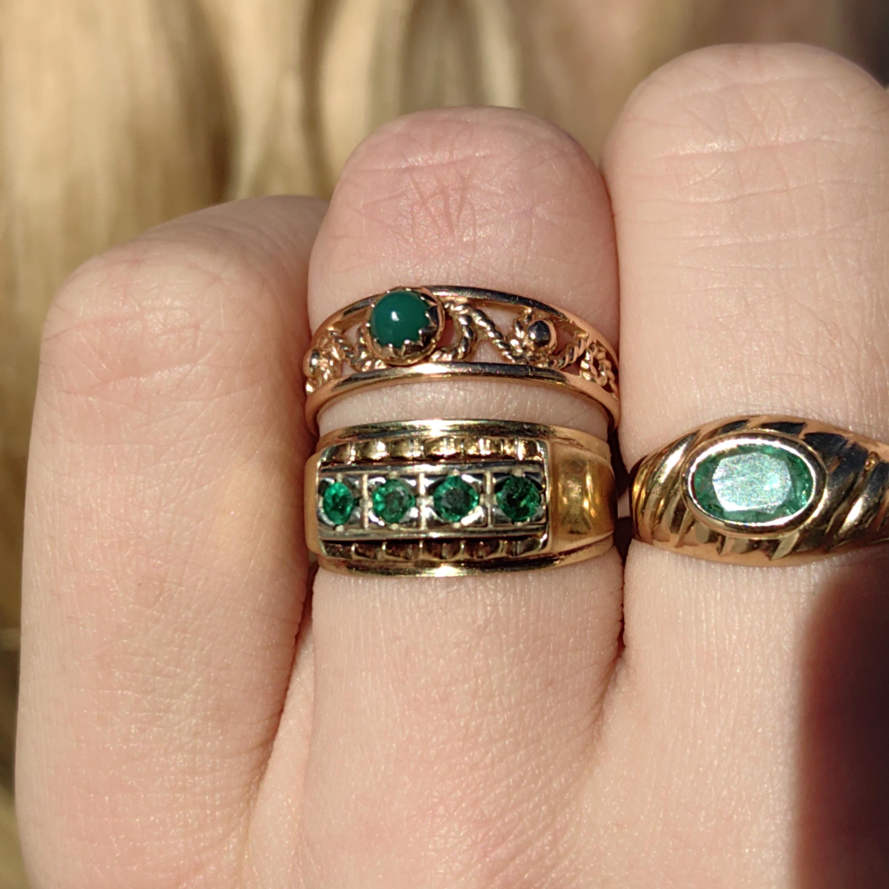 Original Mid century Antique Vintage Genuine Emerald Solid Yellow Gold and Silver Setting Elegant Stackable Band Ring