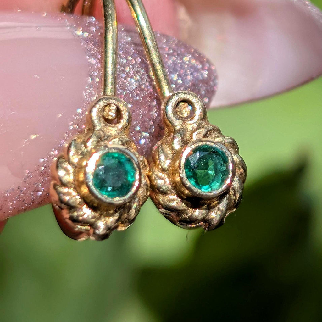 14k 585 Hallmarked Gold Heart Natural Emerald Solid Hallmarked Yellow Champagne 1950s Mid Century Dormouse Gift for her Antique Earrings