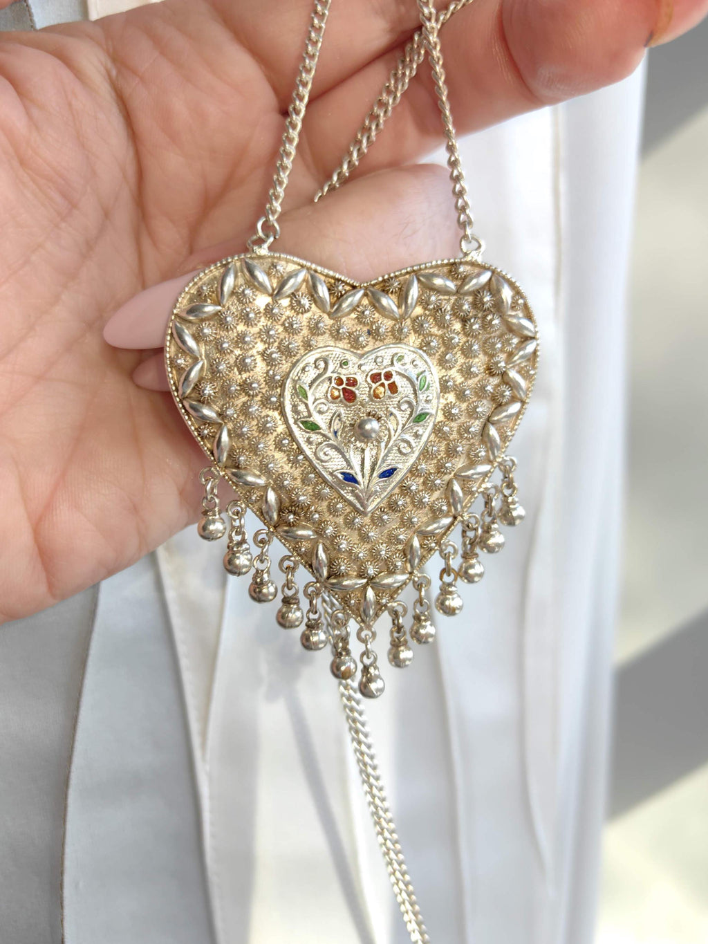 Art Deco Silver Heart Pendant Necklace: Filigree Enamel, Long Chain