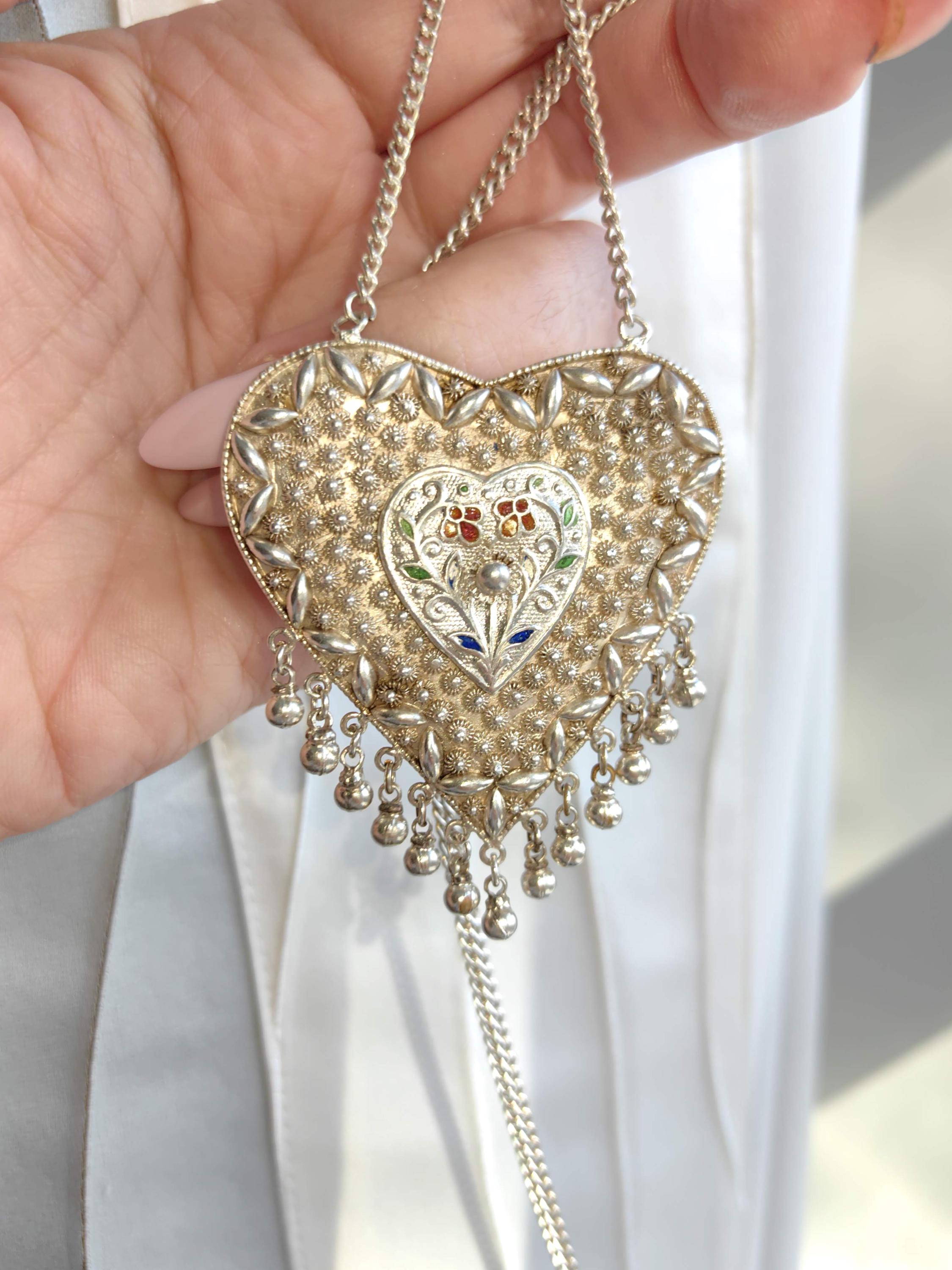 Art Deco Silver Heart Pendant Necklace: Filigree Enamel, Long Chain