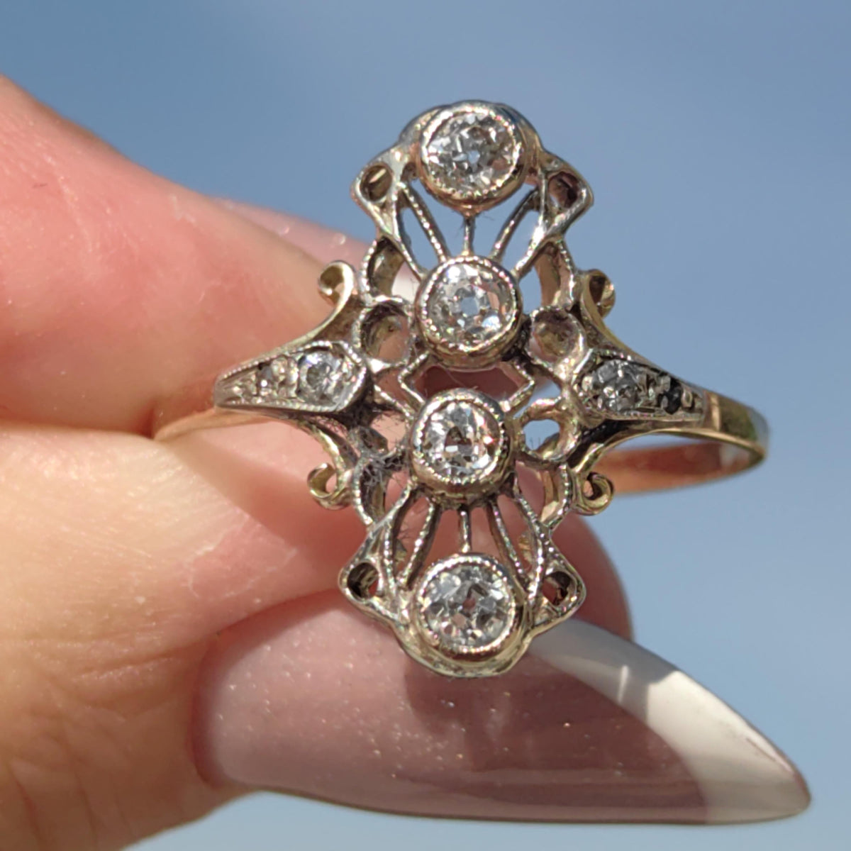 Art Deco 1920s Natural Diamond Engagement Ring Hallmarked 14k Solid Yellow Gold Floral Vintage Elegant Gift for Her Statement ring