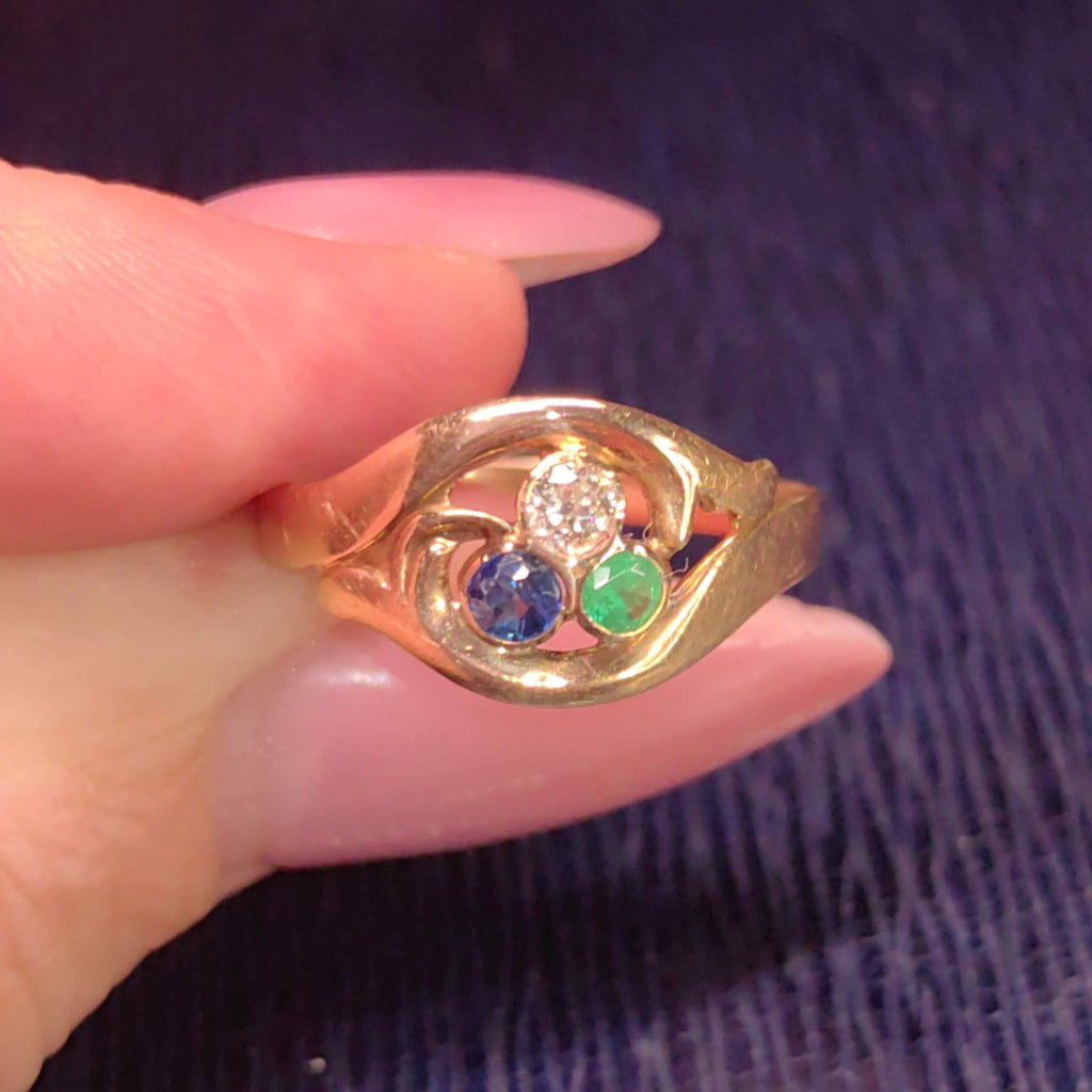 1900s Art Nouveau Natural Emerald Sapphire Diamond 14k Solid Yellow Rose Champagne Gold Vintage Antique Three Stone Elegant Engagement Ring
