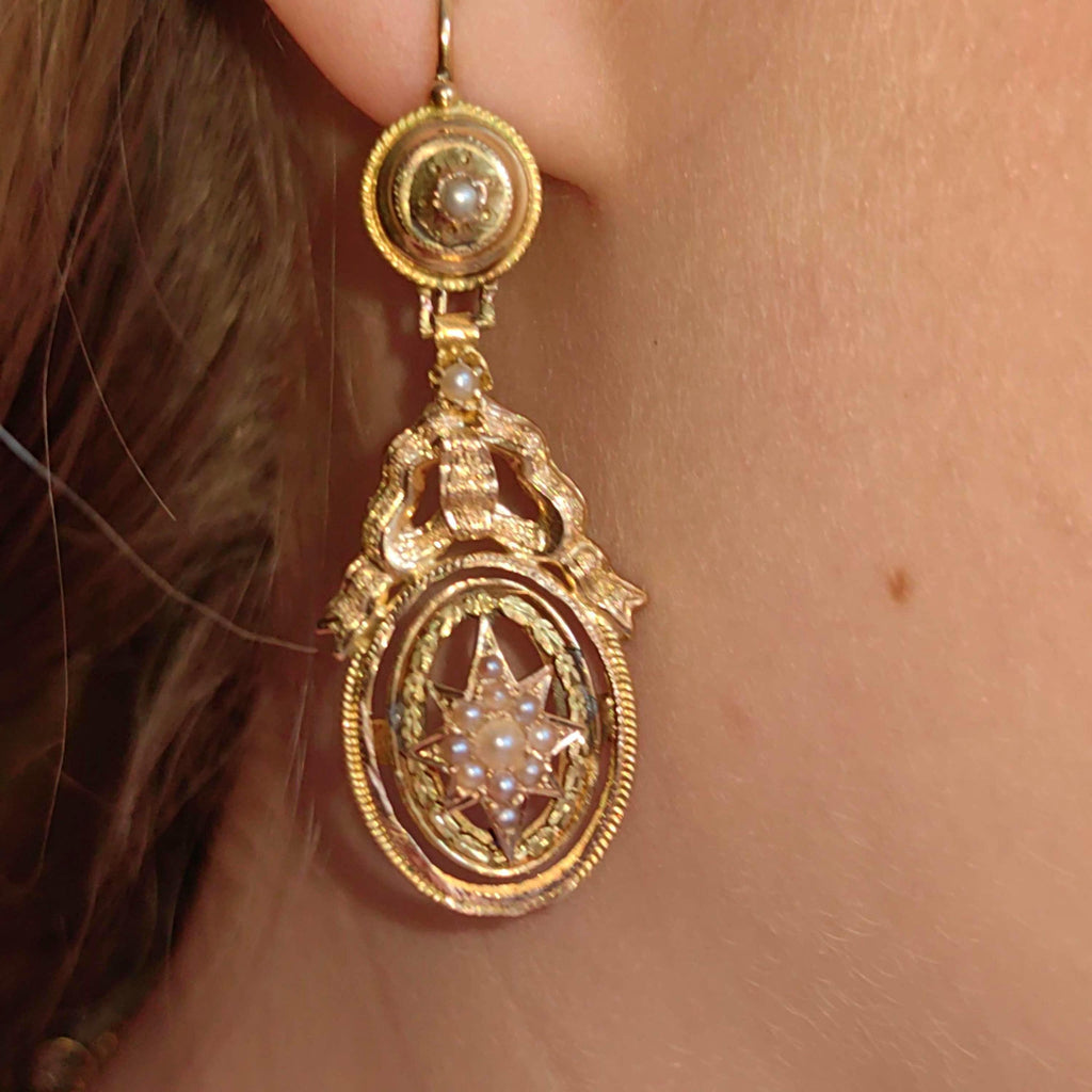 18k Yellow Gold Pearl Dangle Earrings: Antique Bow Star Design
