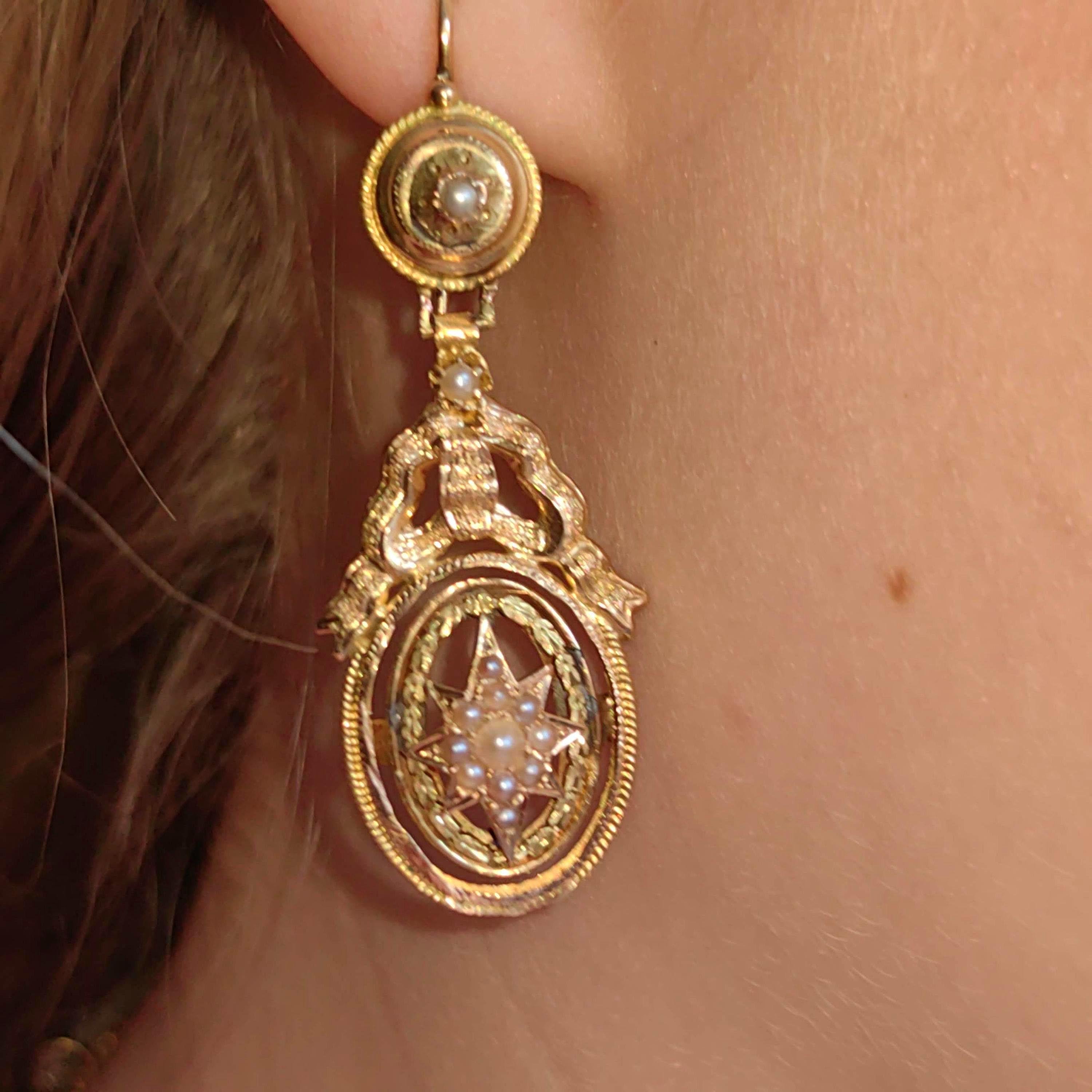 18k Yellow Gold Pearl Dangle Earrings: Antique Bow Star Design