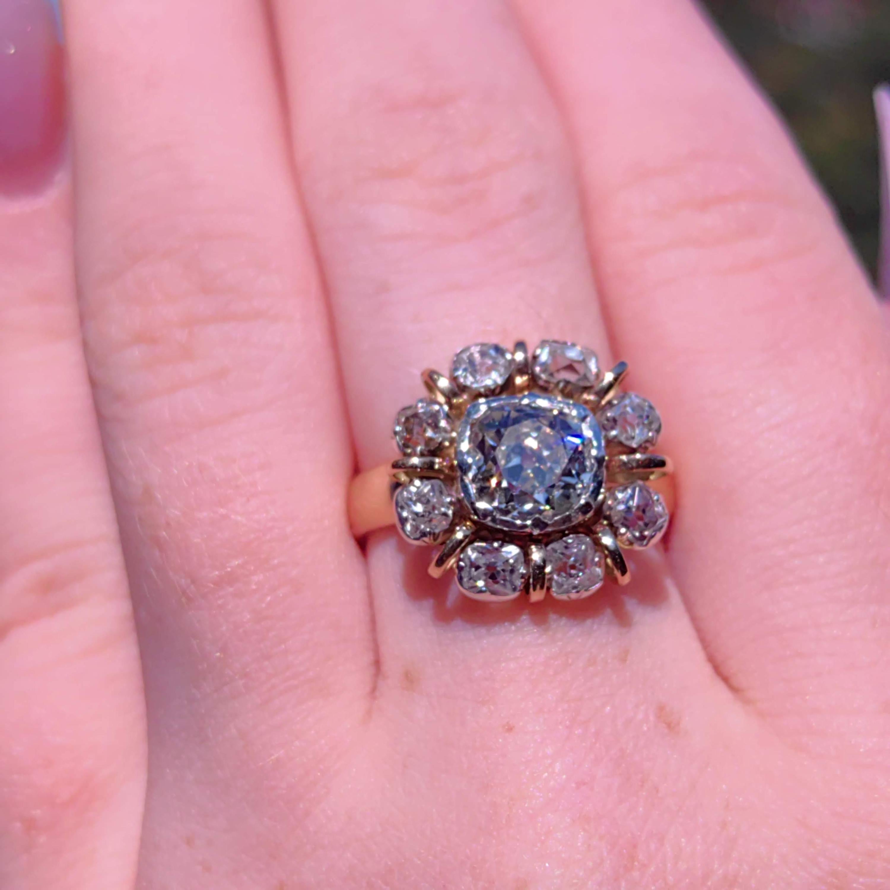 Georgian 18k Yellow Gold Diamond Floral Engagement Ring: Antique Statement Ring