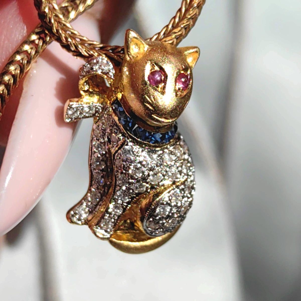Mid-Century 18K Gold Flirty Sitting Cat Pendant with Bow Natural Diamonds Rubies Sapphires Vintage Figural Kitty Fine Jewelry Collectible
