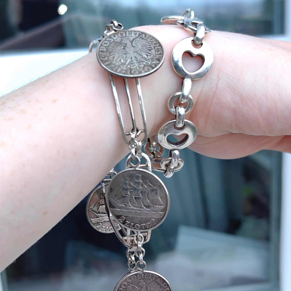 Vintage Sterling Silver Polish Ship Coin Charm Bracelet: Nautical Jewelry