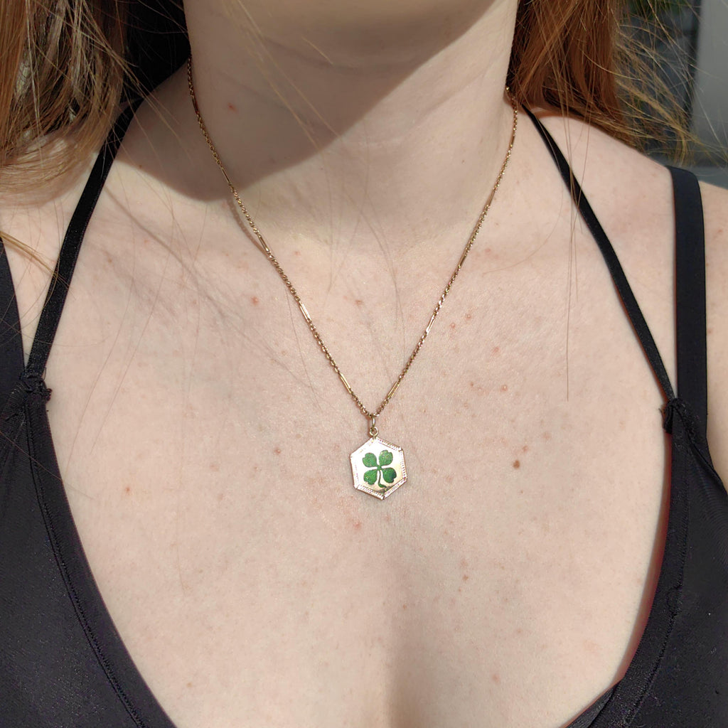 14k Gold Clover Pendant: Art Nouveau Enamel Four Leaf Luck Charm
