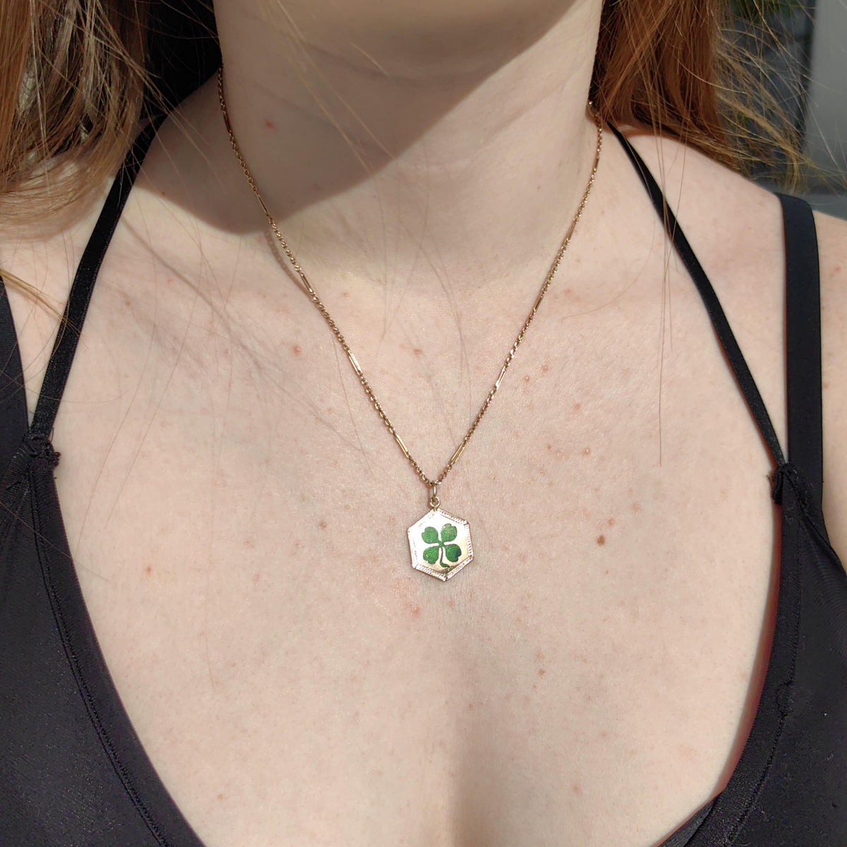 14k Gold Clover Pendant: Art Nouveau Enamel Four Leaf Luck Charm