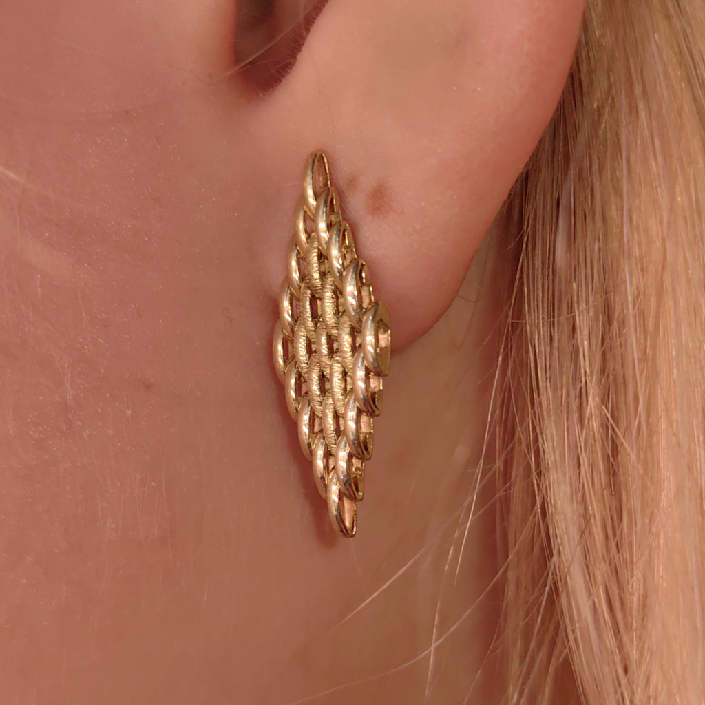 Vintage Solid 14K Yellow Gold Push Back Closure Woven Basket Weave Textured Statement Earrings Retro Elegant Gift for Her
