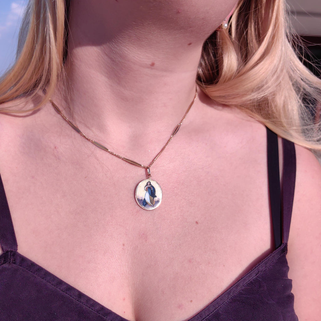 14k Solid Gold Virgin Mary Madonna Star Pendant Antique 1900s Art Nouveau Hallmarked Vintage Hand painted Enamel Medal Charm Gift