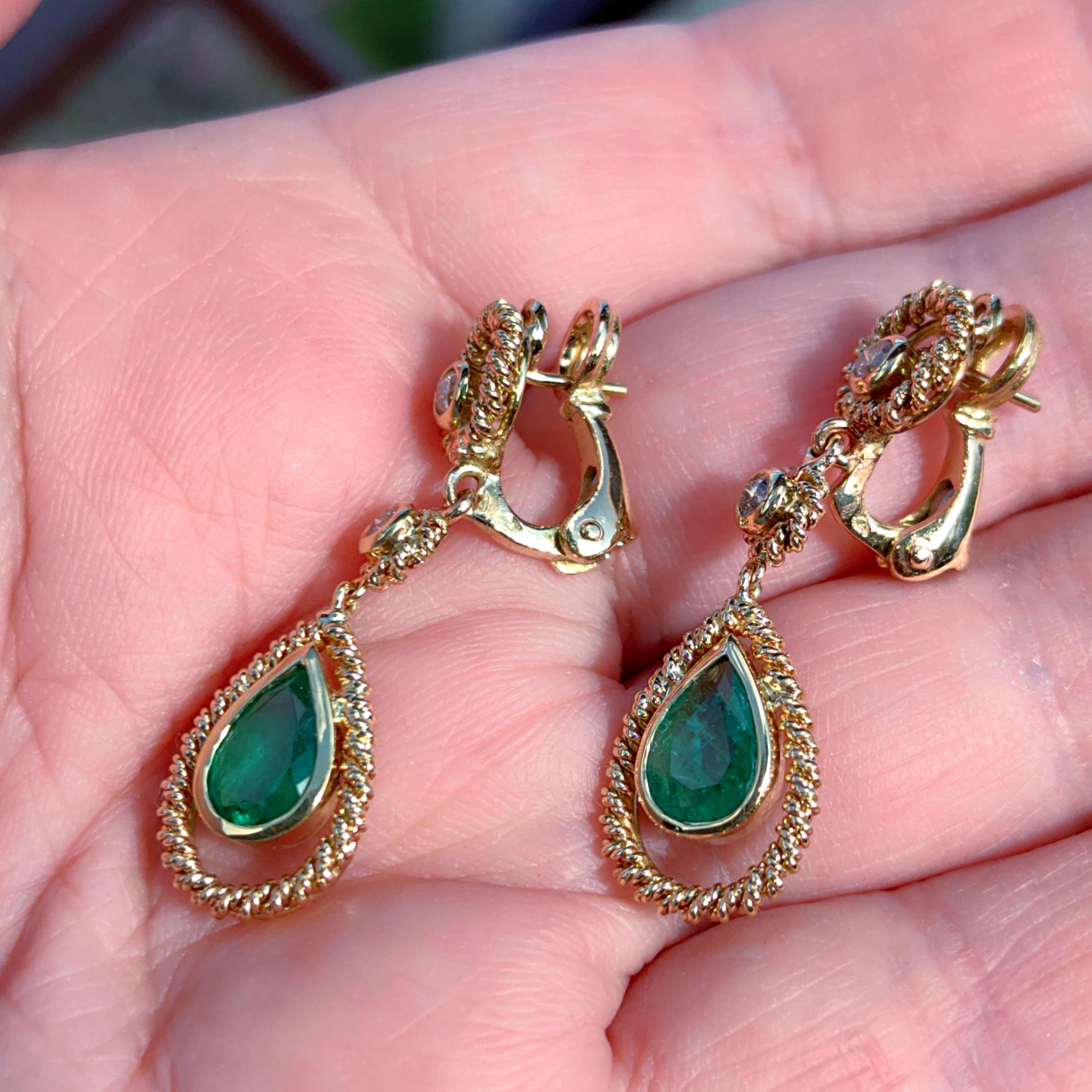 Antique Emerald Diamond 18k Gold Dangle Earrings: Mid Century French Dormeuses