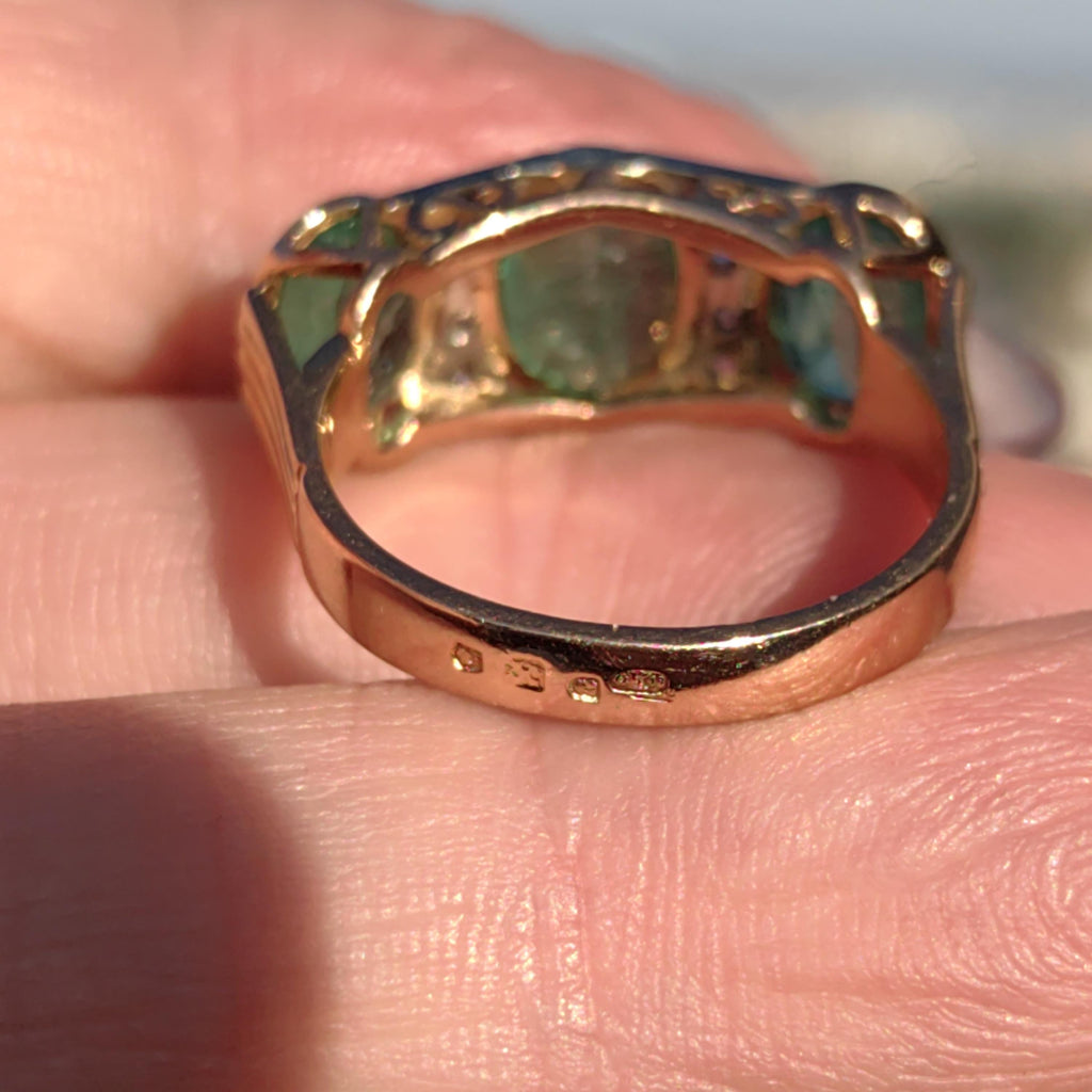 Original Art Deco 1930s Genuine not treated Emerald Three Stone Diamond White solid 14k Gold Chevalier Unisex Antique Vintage Ring