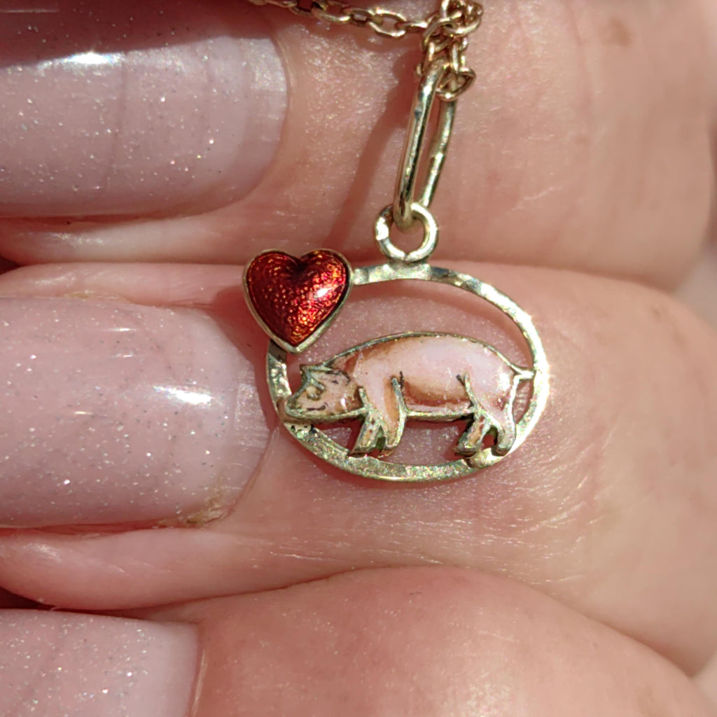 14k Gold Fire Enamel Pig Pendant: Art Nouveau Farm Charm
