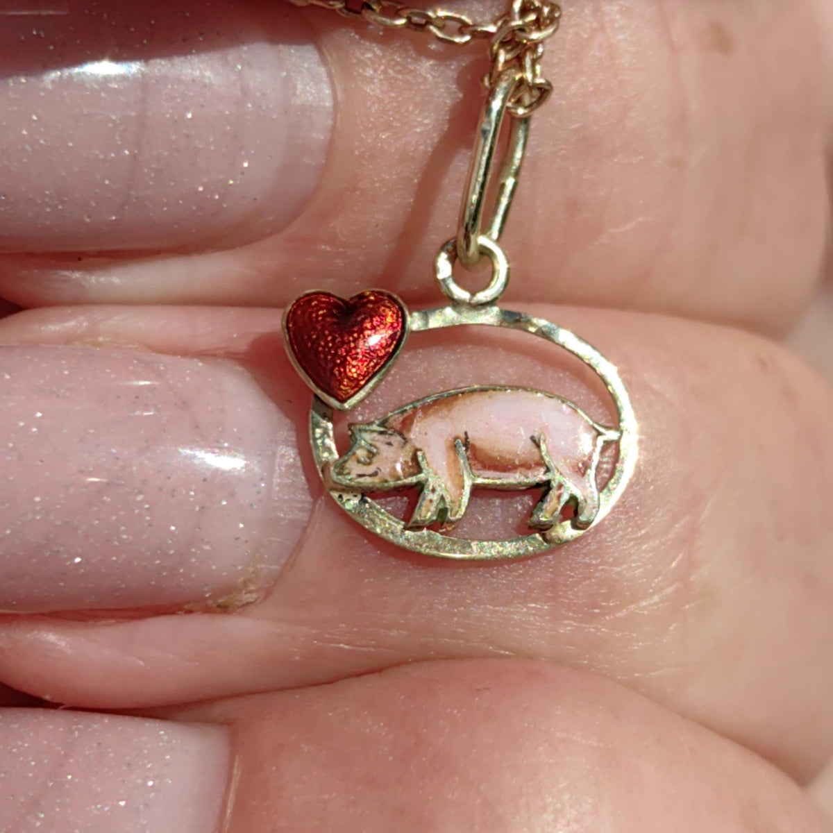14k Gold Fire Enamel Pig Pendant: Art Nouveau Farm Charm