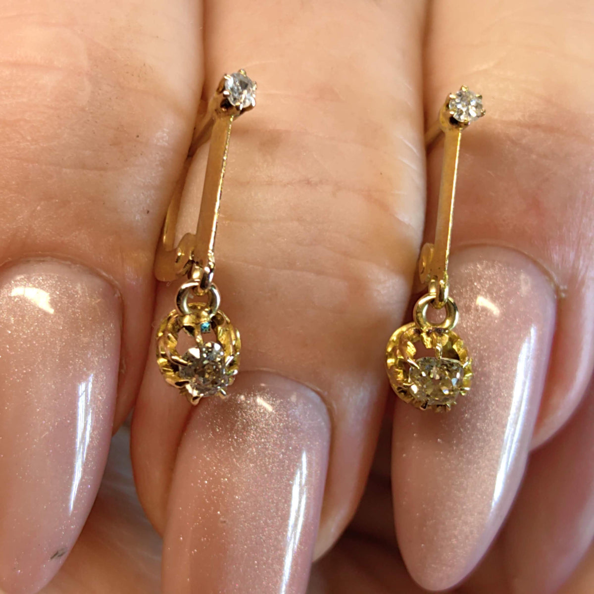 Original 1920s Art Deco Solitaire Dangle 0.30 ct. Bezel setting Diamonds Solid Hallmarked 18k Gold Antique Sleepers Dormouse Earrings