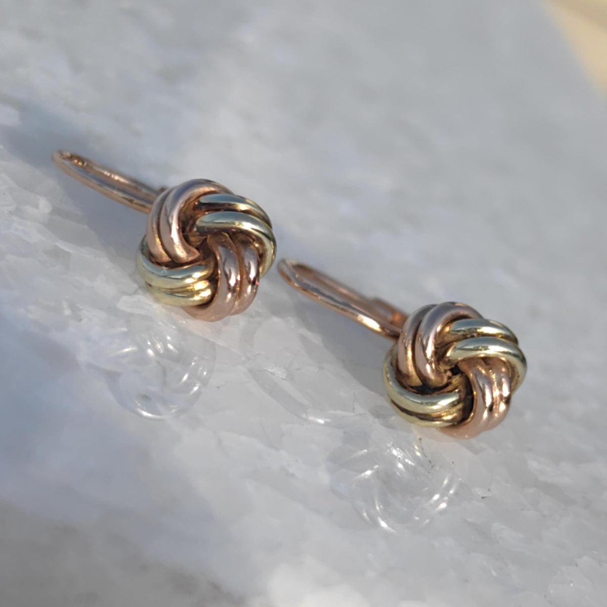 Vintage 14K Gold Love Knot Earrings: Tri-Color Lever Back Sleepers