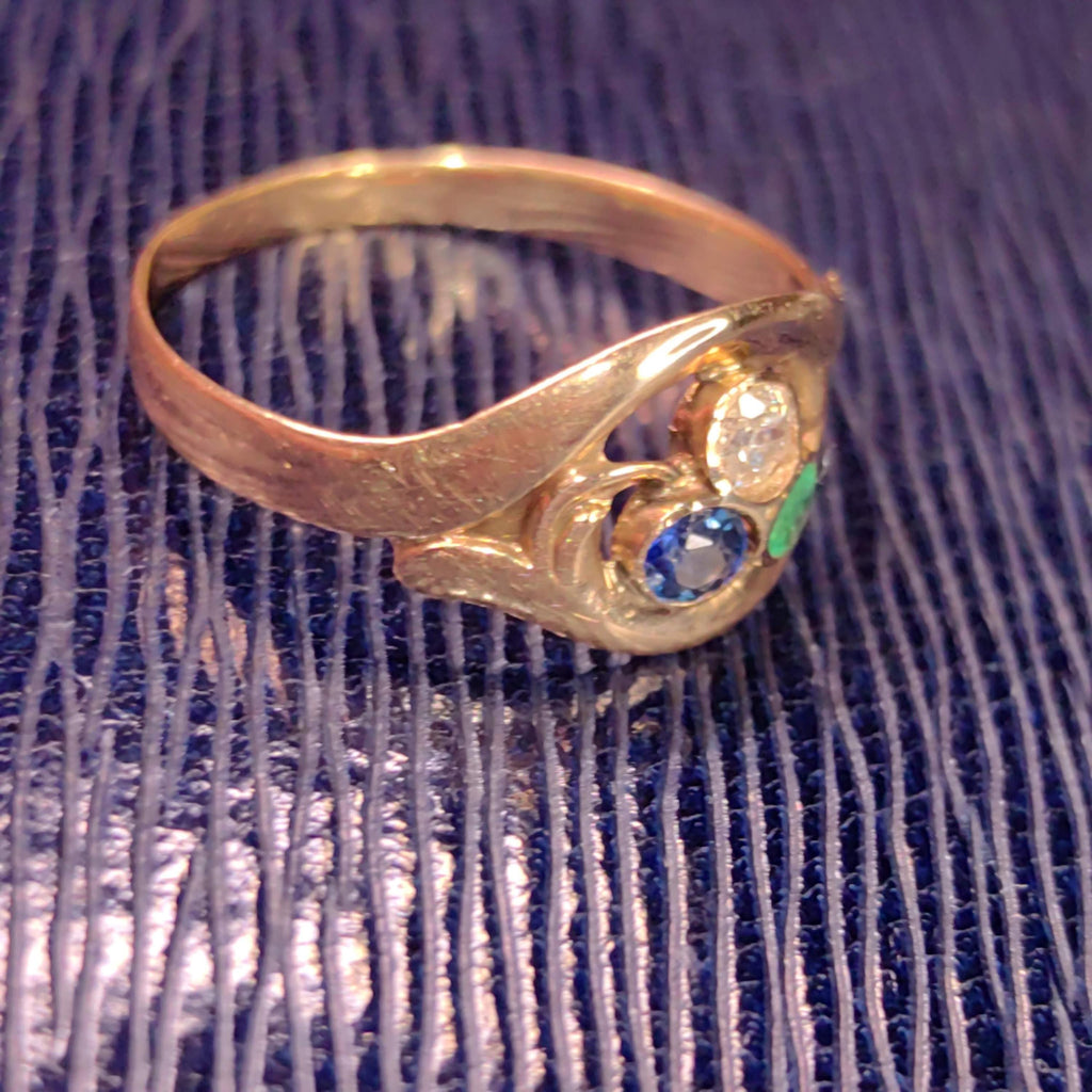 1900s Art Nouveau Natural Emerald Sapphire Diamond 14k Solid Yellow Rose Champagne Gold Vintage Antique Three Stone Elegant Engagement Ring
