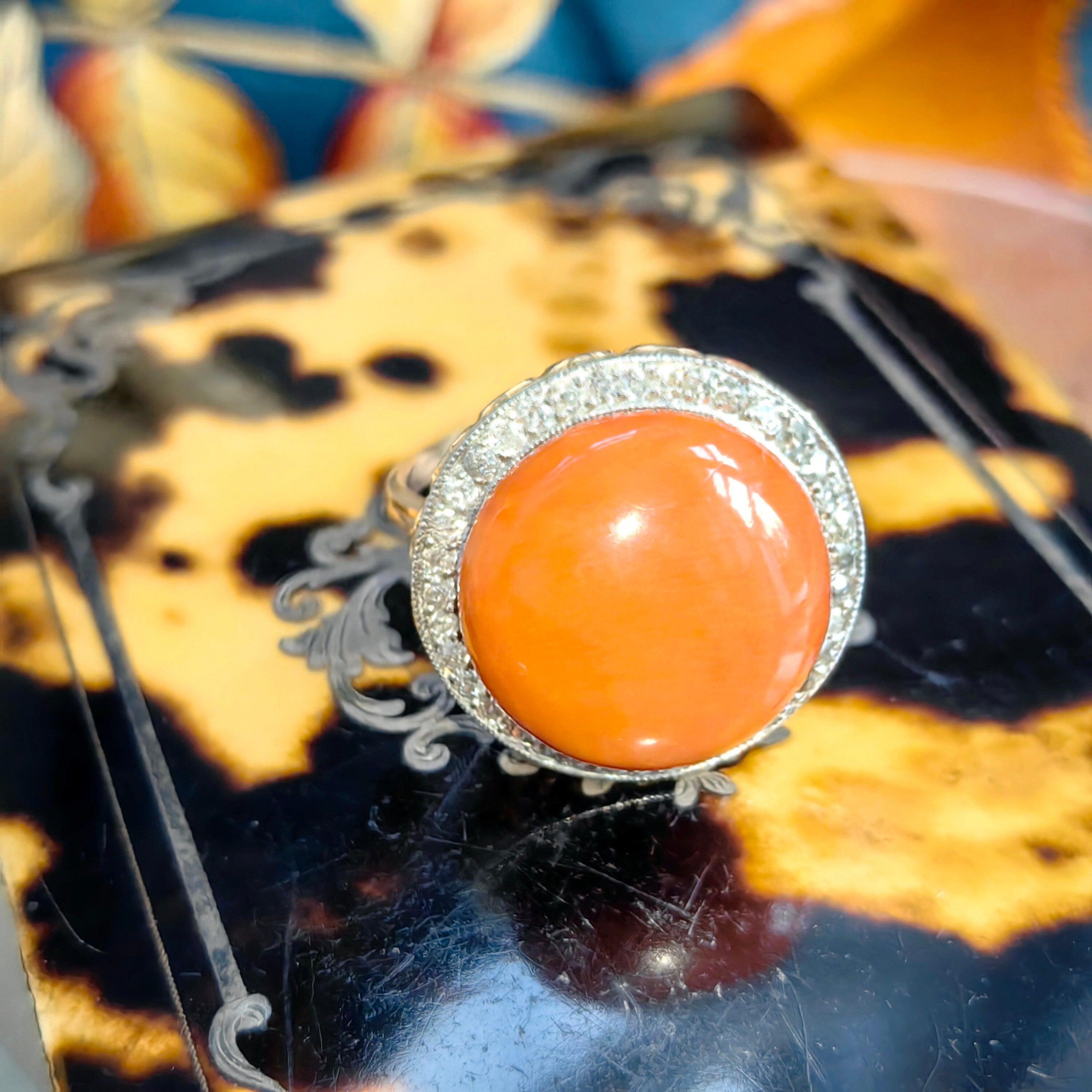 Art Deco Coral Diamond Ring: 1930s Platina Setting, 14k Gold