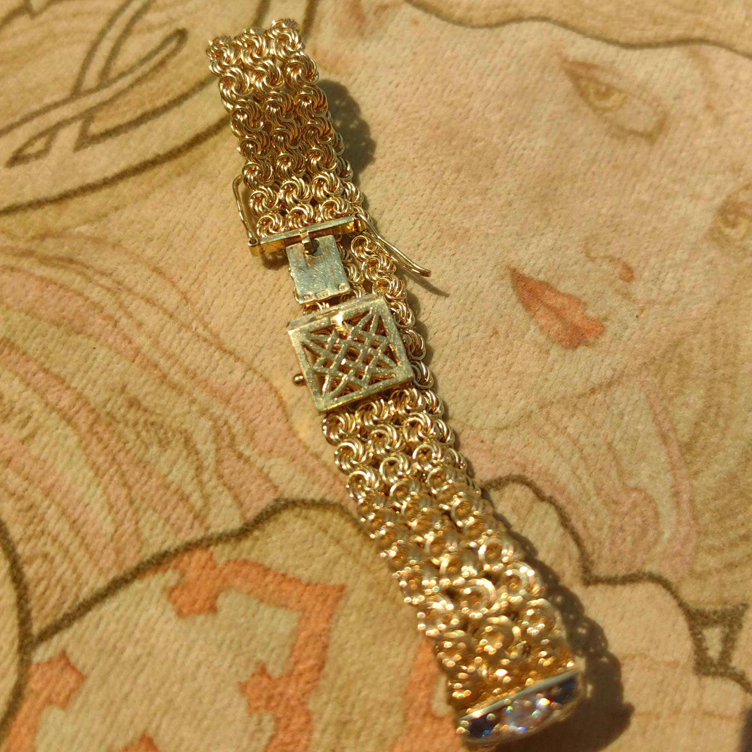 Art Deco Sapphire Diamond Bracelet: 14k Yellow Gold Chain, 1940s Vintage