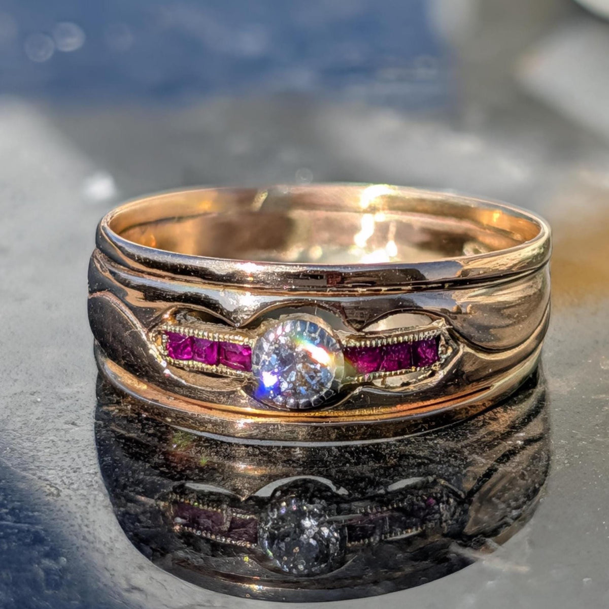 Art Deco 1920s Natural red Ruby Diamond 14K Solid Yellow Gold Hallmarked Ring Vintage Chevalier ring, Band Stackable Ring, US size 7