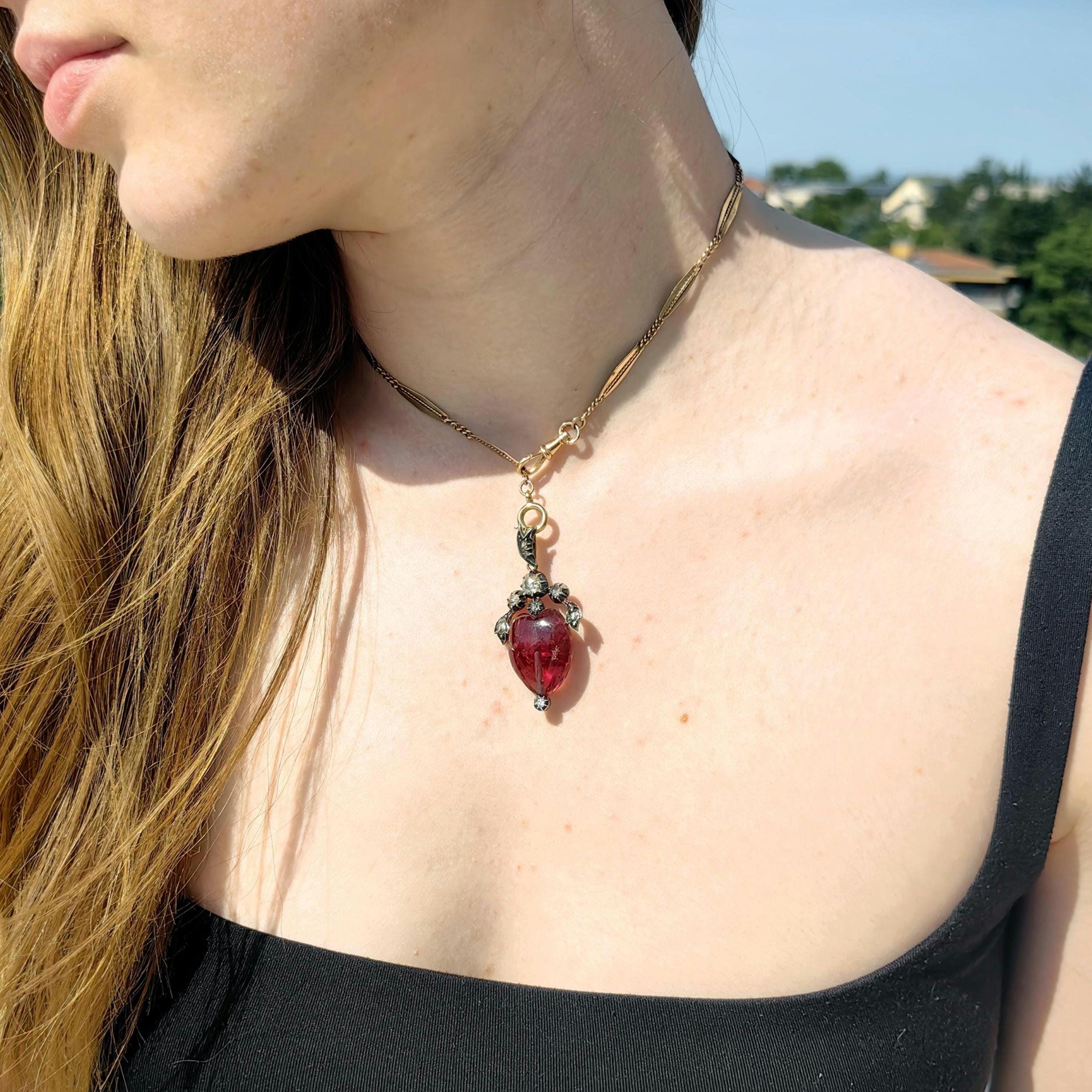Victorian Red Rubellite Tourmaline Rose Diamond Heart Gothic Pendant 14k Solid Gold Silver Setting Charm Gift Present