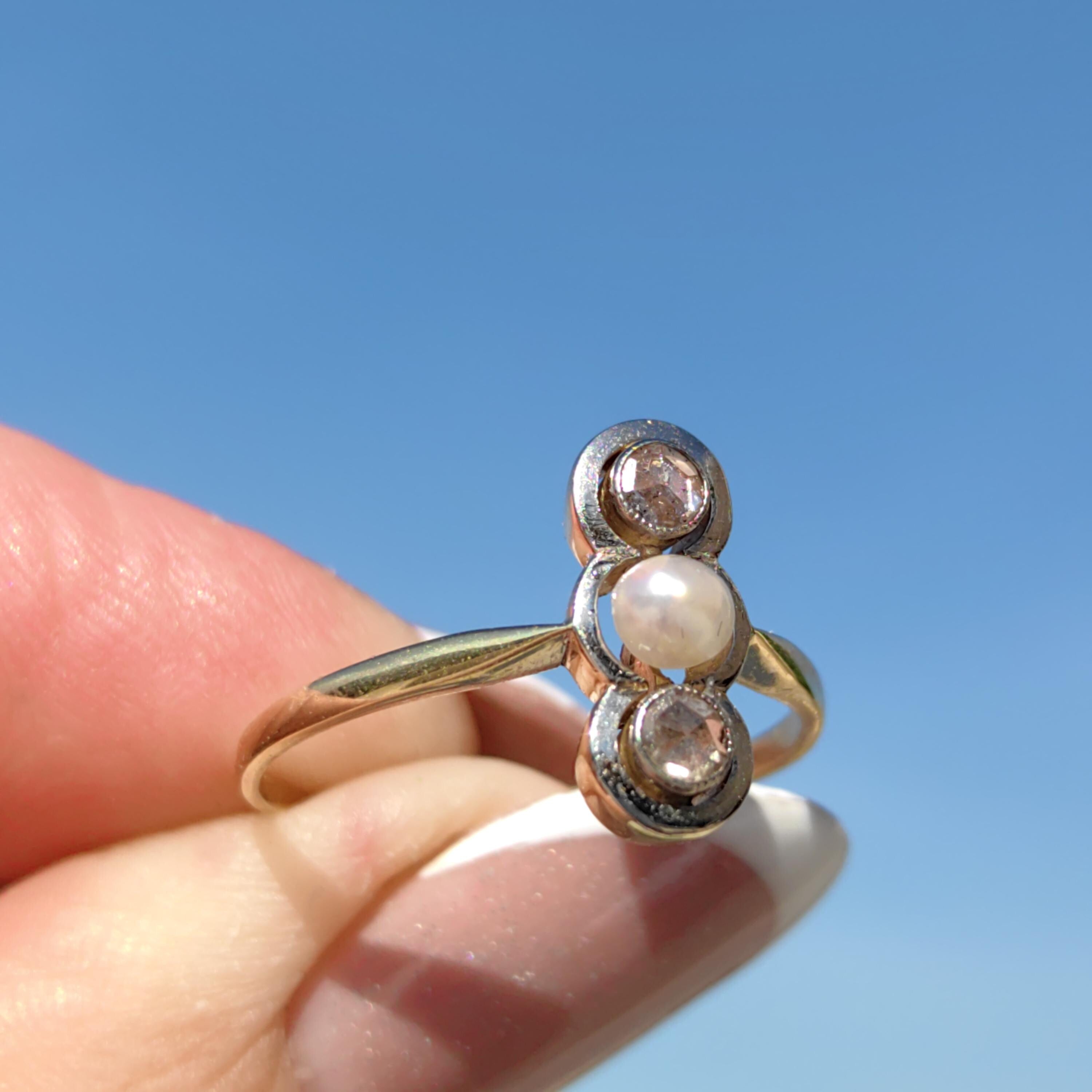 Art Nouveau Pearl Engagement Ring: Diamond 18k Gold Antique Three-Stone