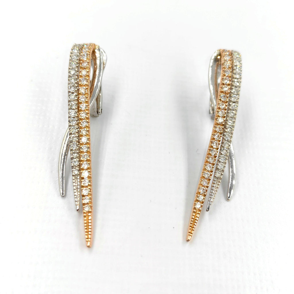 Diamond and 18k Hallmarked Yellow and White Gold Long Elegant Stud Earrings