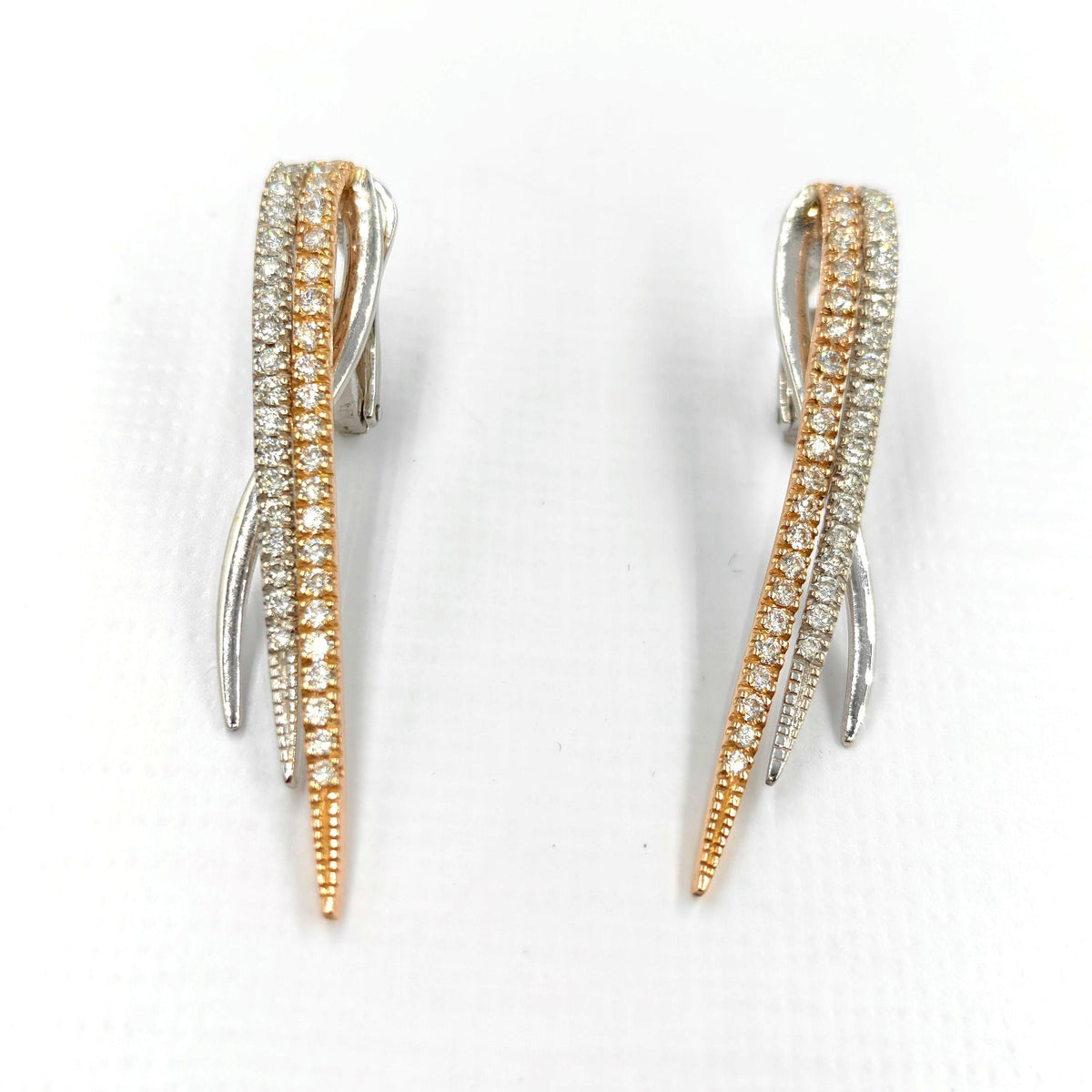 Diamond and 18k Hallmarked Yellow and White Gold Long Elegant Stud Earrings