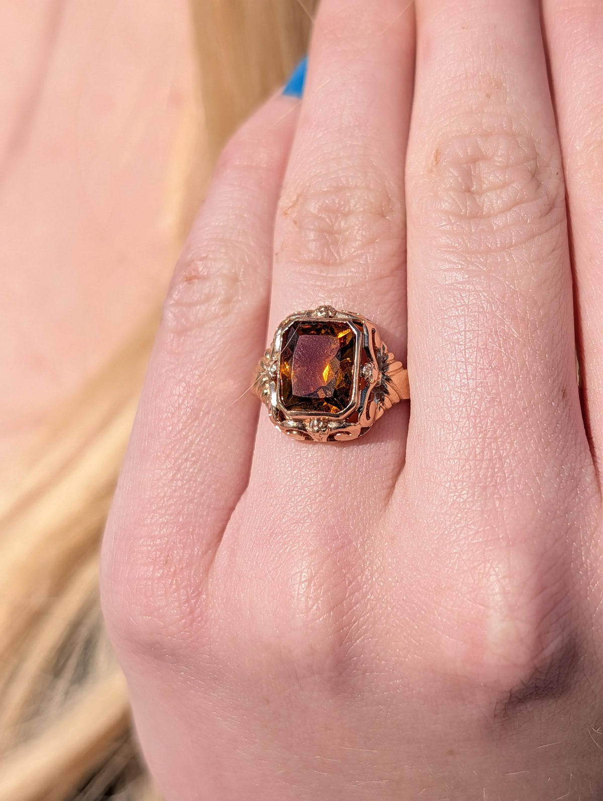 Mid Century Art Deco Style  Citrine Solid 14k Hallmarked Yellow Gold Statement Solitaire Emerald Cut Ring, Unisex Yellow Stone Ring Gift