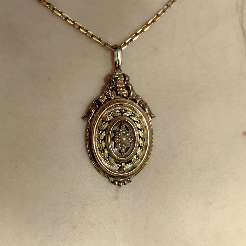 18k Gold Natural Pearl Pendant: Antique Bow Star Charm