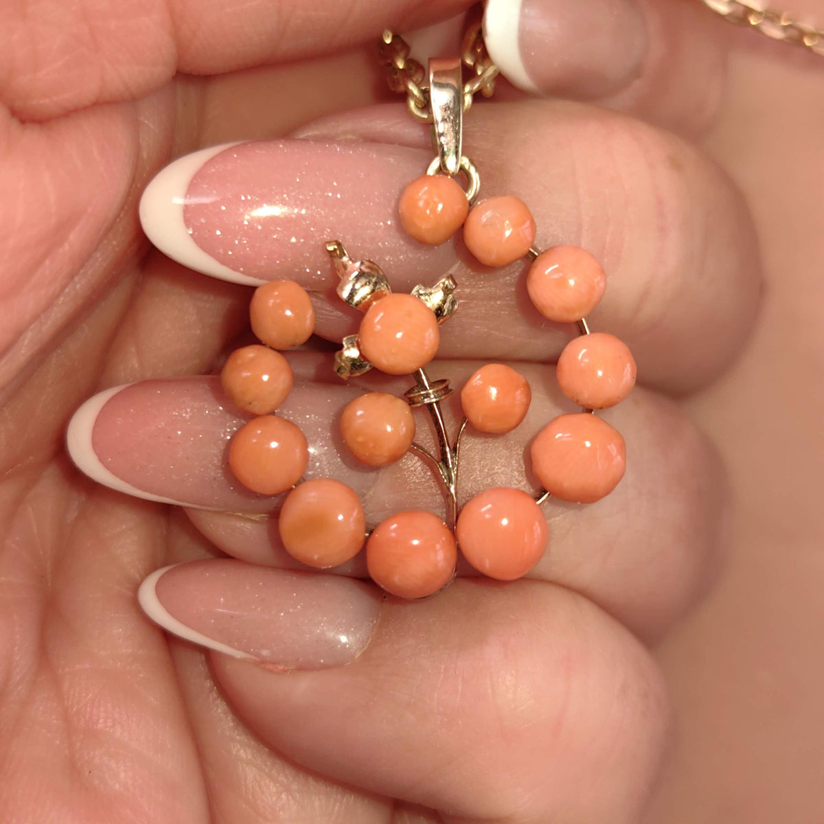 Vintage 14K Solid yellow Rose Gold Floral Statement Pendant with Mediterranean Red Coral Gift for Her Present