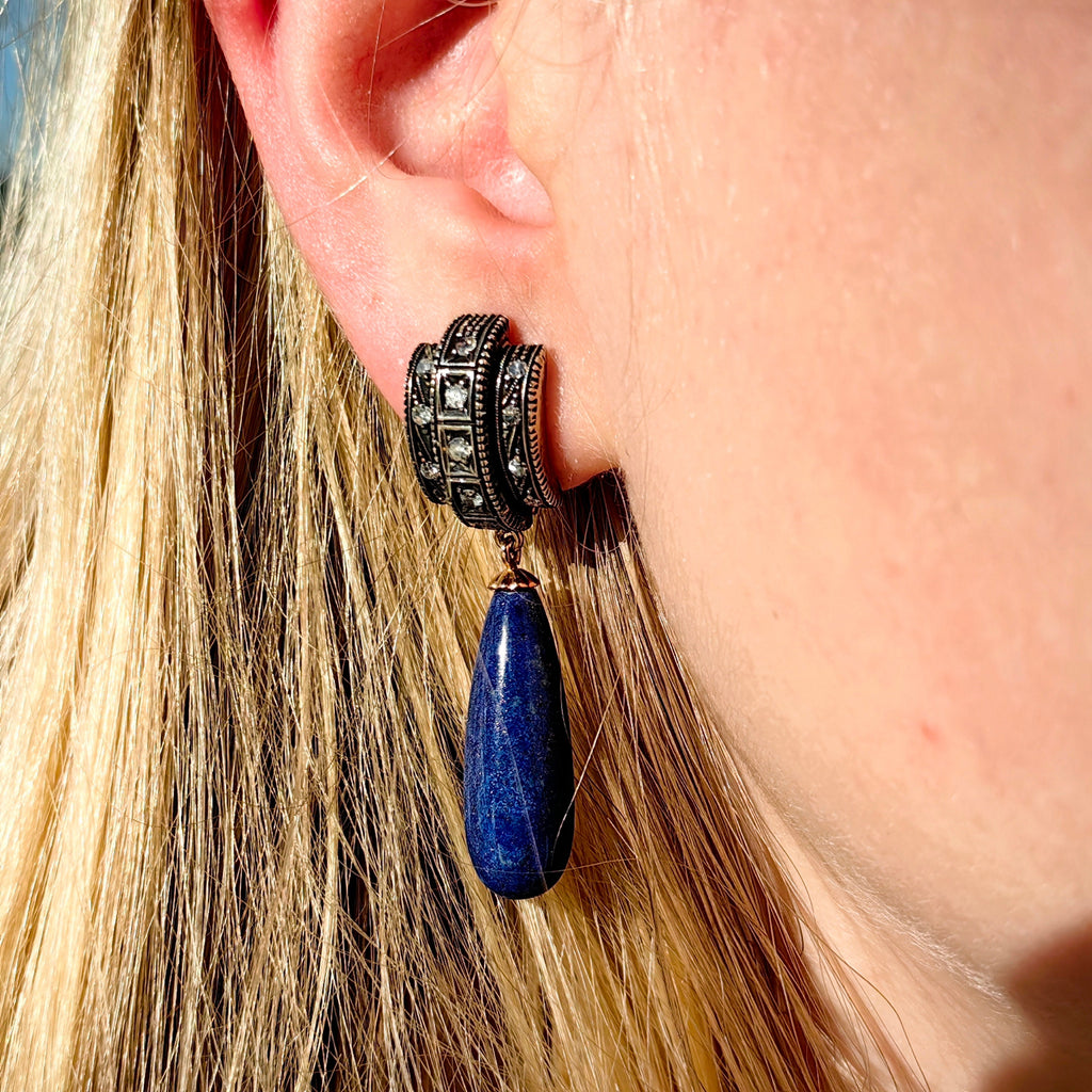 Art Deco Antique Vintage Lapis Lazuli and Diamond Dangle Earrings