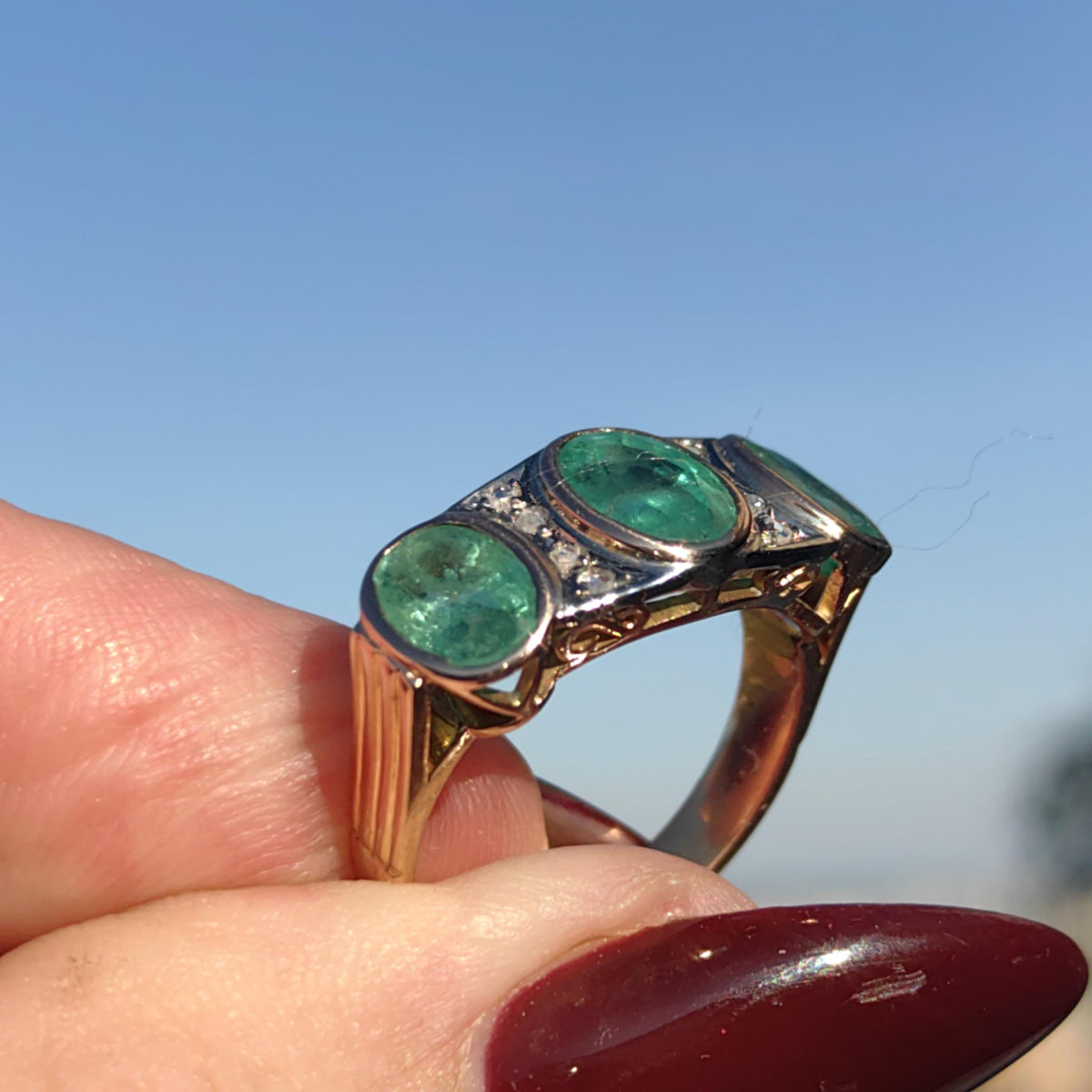 Original Art Deco 1930s Genuine not treated Emerald Three Stone Diamond White solid 14k Gold Chevalier Unisex Antique Vintage Ring