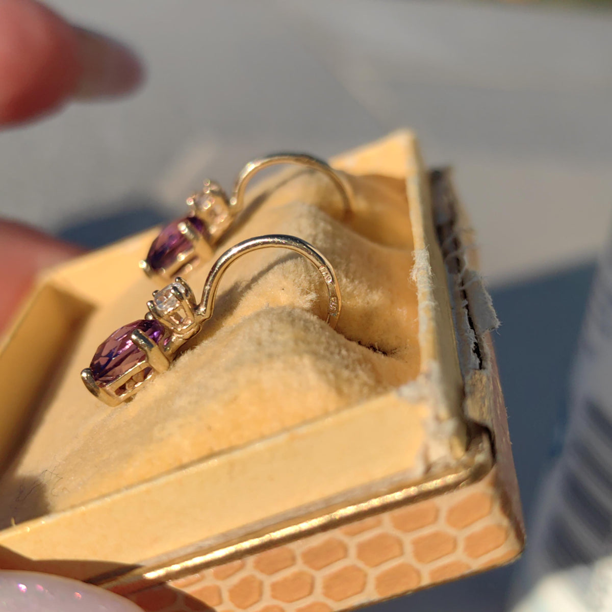 Vintage 14k Gold Amethyst & Diamond Drop Earrings: 1950s Dormeuse Sleepers