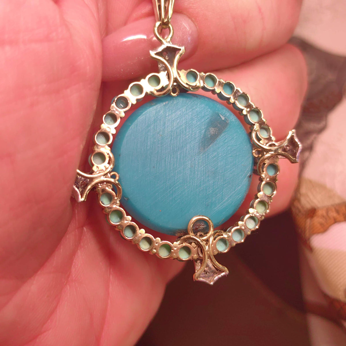 1930s Art Deco Natural Blue Turquoise Pendant 18k Solid Yellow Gold Rose Diamond Statement Pendant Charm Gift for Her Present