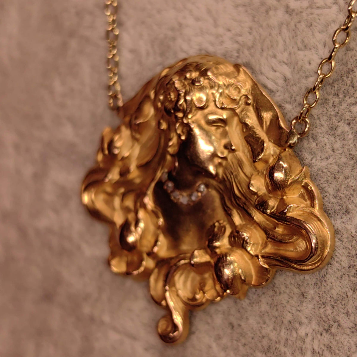 Antique Original Art Nouveau 14K Gold Lady Pendant Necklace French Belle Époque Woman Relief Repoussé Medallion c1900 Hallmarked