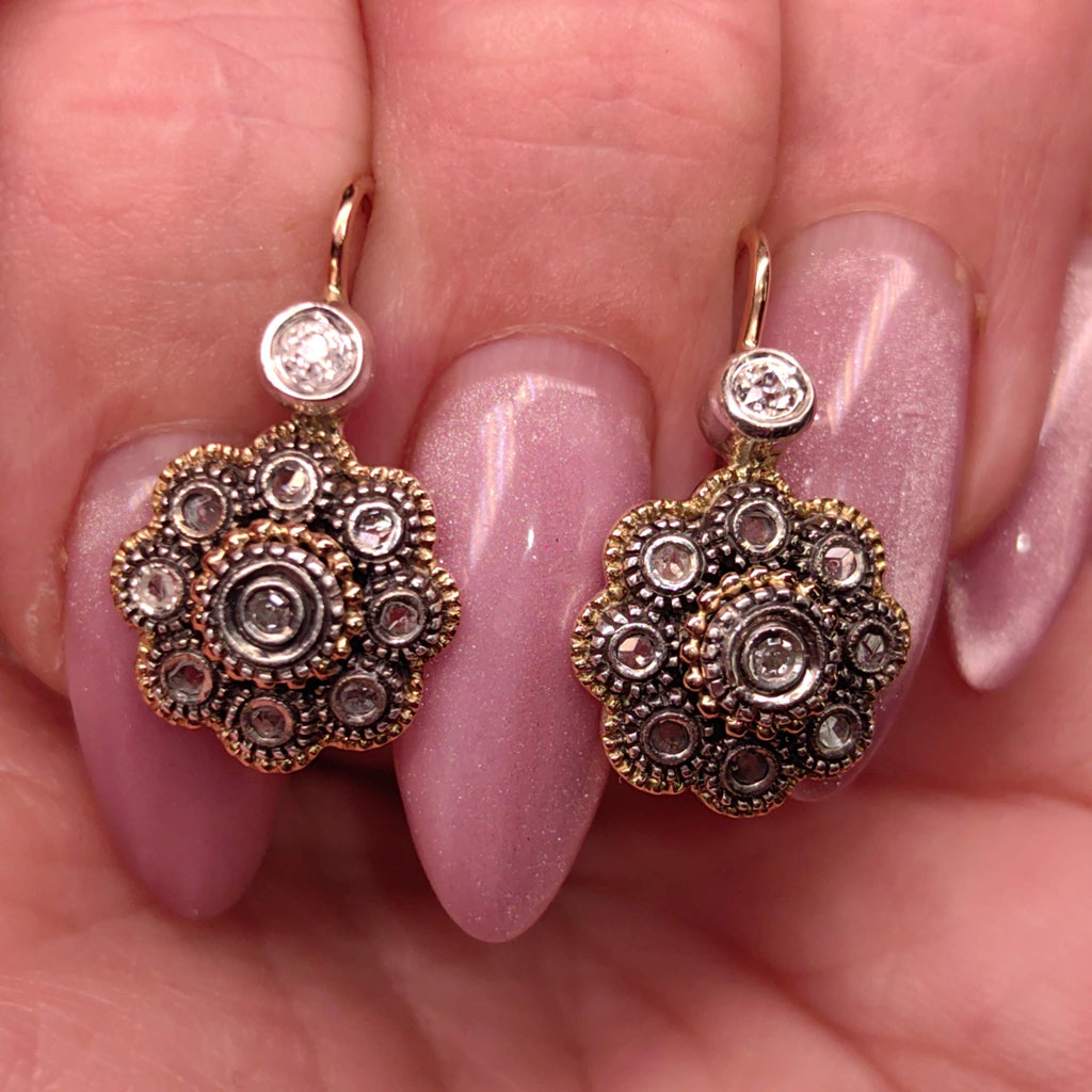 Art Deco 1920s Antique Vintage Natural Diamond in Silver Setting 14k Solid Yellow Rose Gold Statement Earrings