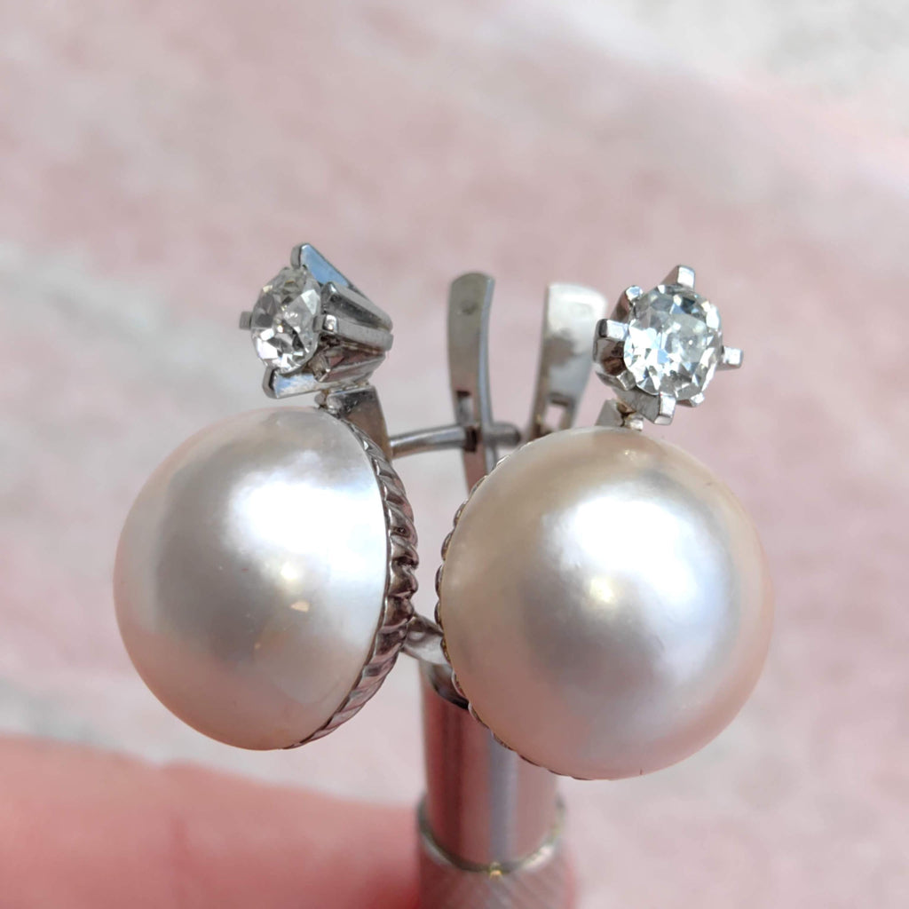 1930s Art Deco Maube Pearl Earrings: 0.74 ct Diamond, 18k White Gold