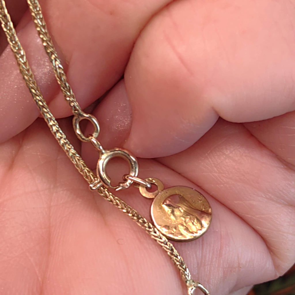 1900s Art Nouveau 14k Solid Yellow Rose Gold Handmade Chain Bracelet with Madonna Virgin Mary Christian Catholic Antique Vintage Charm